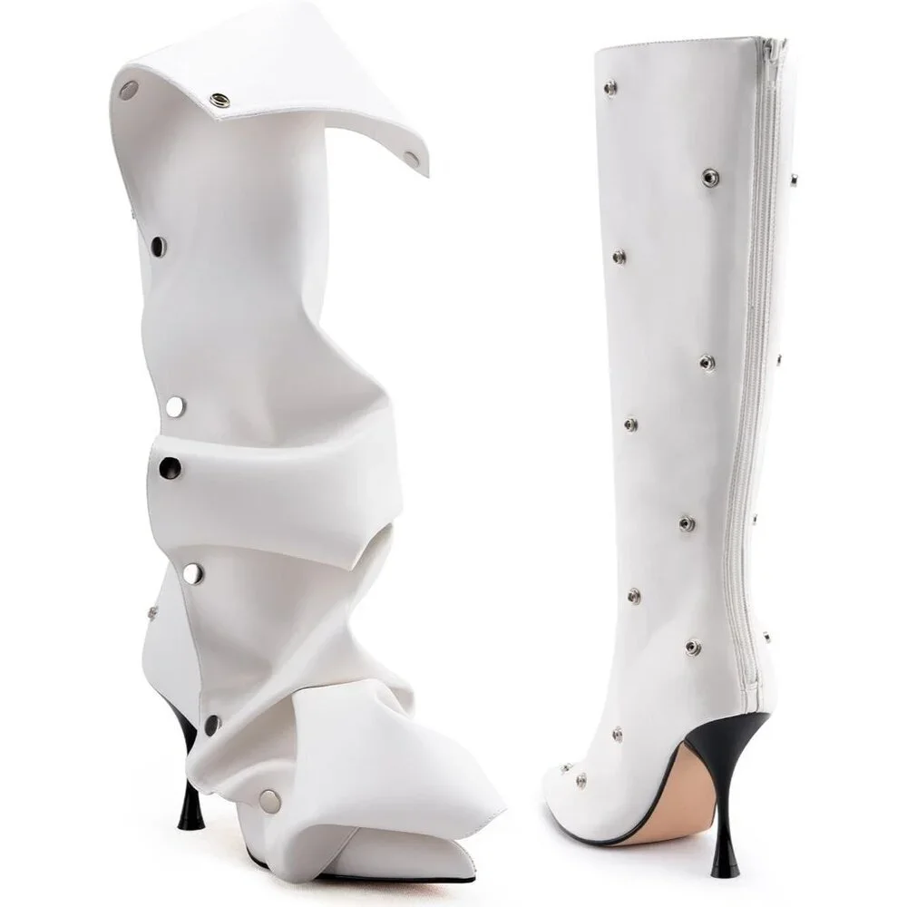 Women White Suede Detachable Snap-off Panel Fold Over Fall Shark Knee High Boot